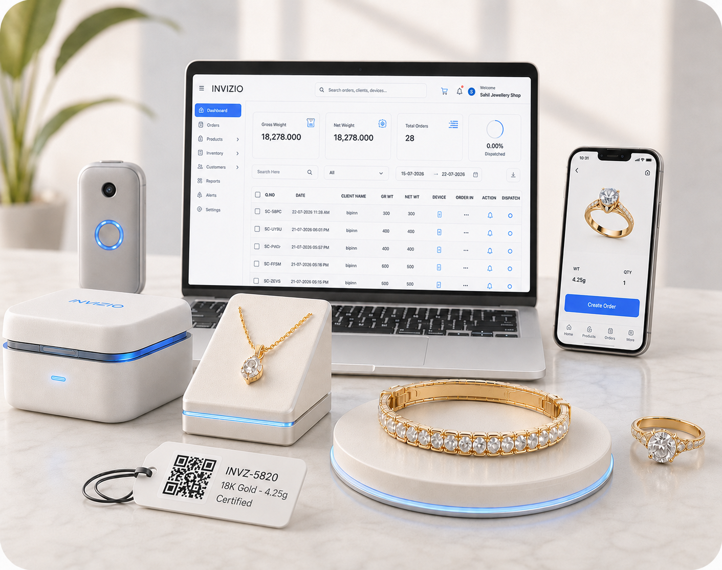 Invizio Solutions jewellery software dashboard with rings, bangles and QR-tagged inventory